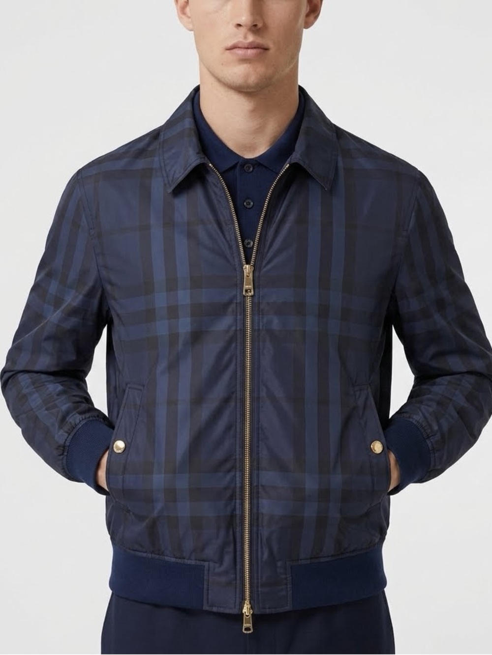Burberry Navy Blue Plaid Reversible Double-Zipper Collared Jacket Men's Size 52